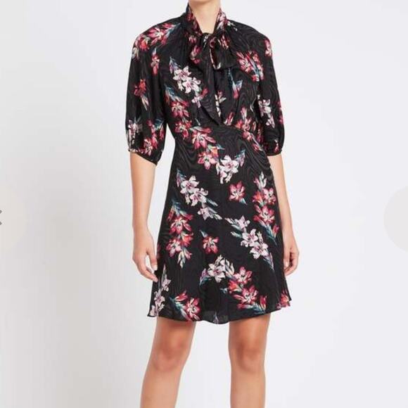 Rebecca Taylor Women’s Noha Floral Silk Dress Black Combo Sz 4 - Picture 1 of 9